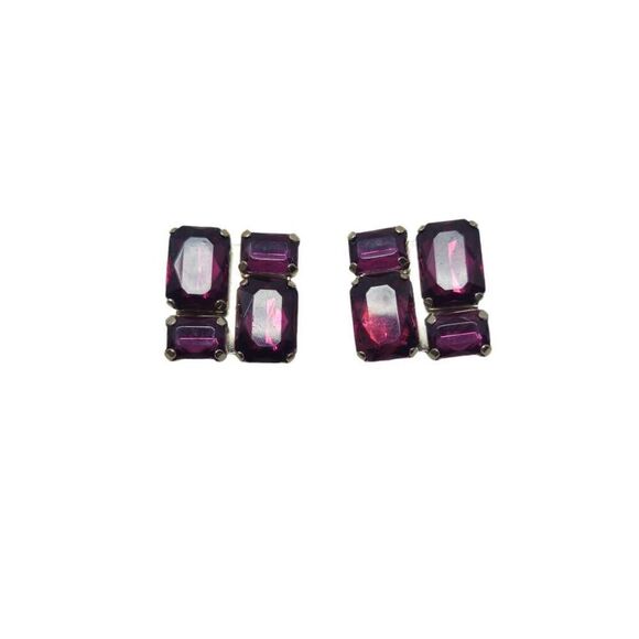 Vintage Purple Rectangular Gemstone Clip-On Earrings | 1" | Elegant Minimalist D - Picture 1 of 7